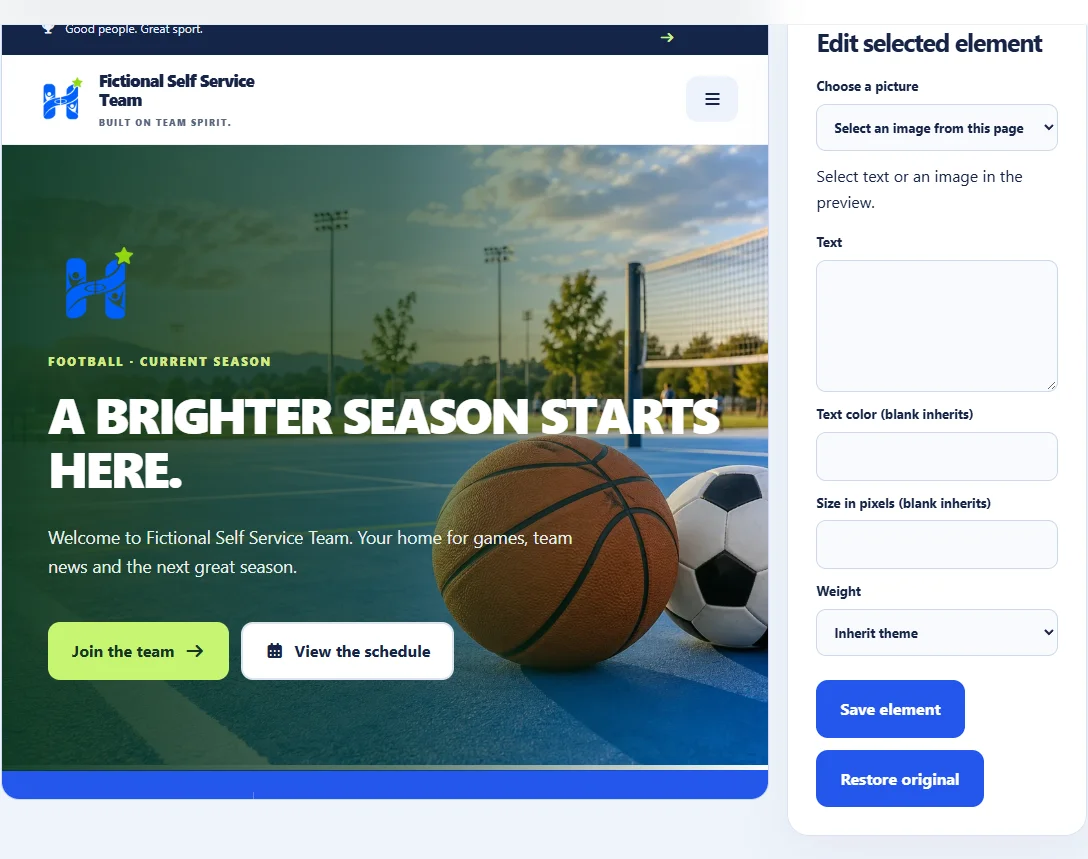 Actual theme studio with a live team website preview and text and picture editing controls